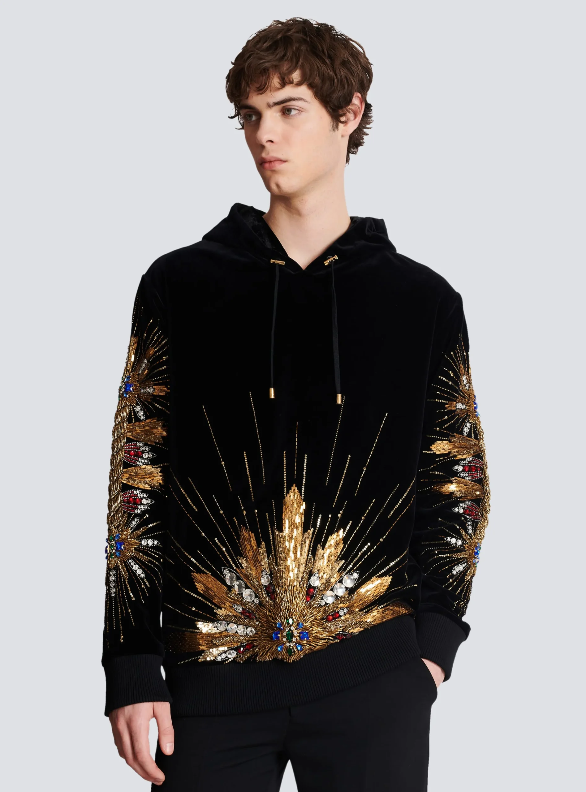 Velvet Hooded Sweatshirt With Embroidery-Balmain Shop