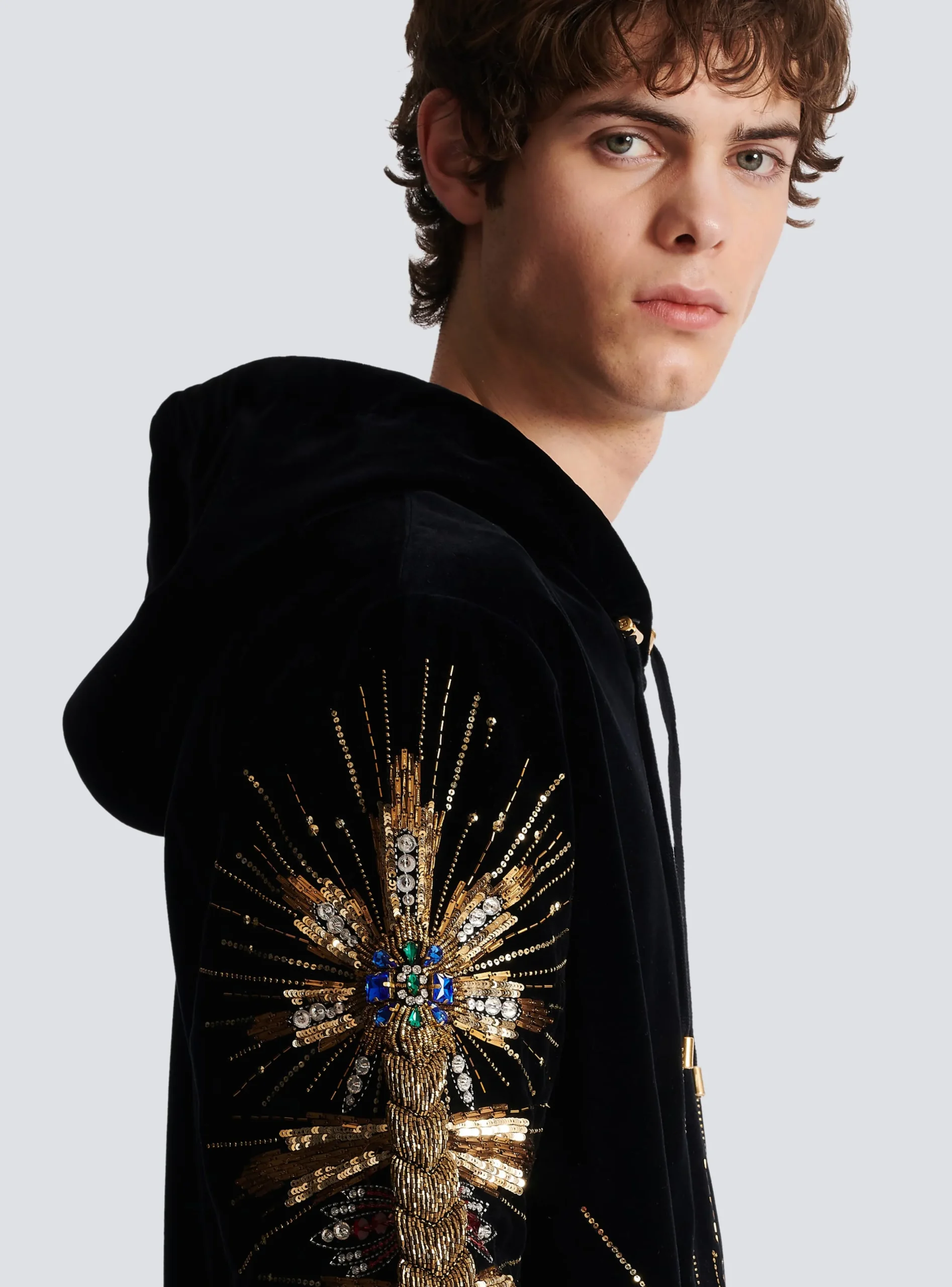 Velvet Hooded Sweatshirt With Embroidery-Balmain Shop