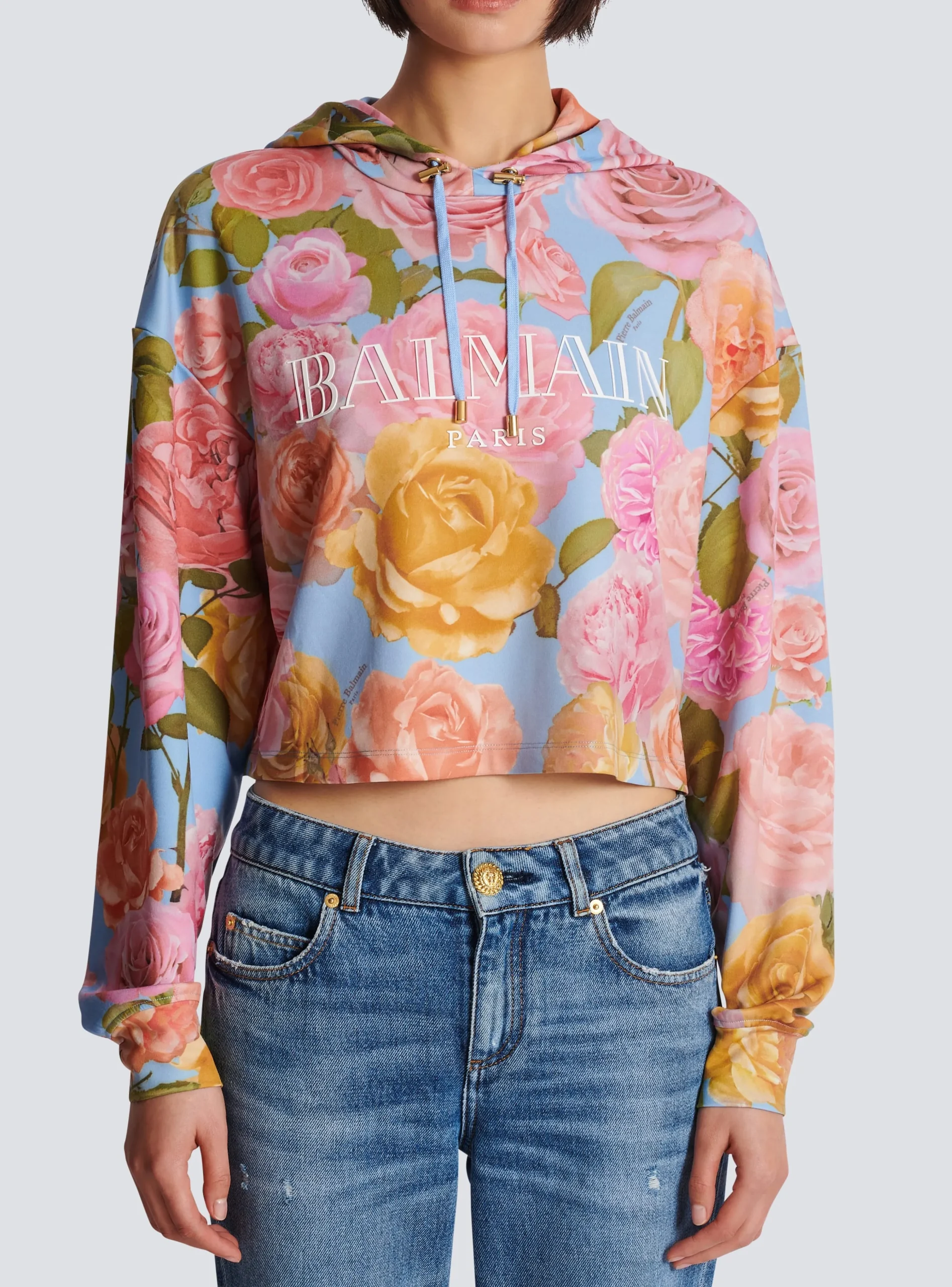 Vintage Hoodie With Pastel Roses Print-Balmain Hot