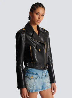 Zipped Leather Biker Jacket-Balmain Clearance