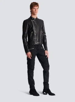 Zipped Leather Biker Jacket-Balmain Cheap