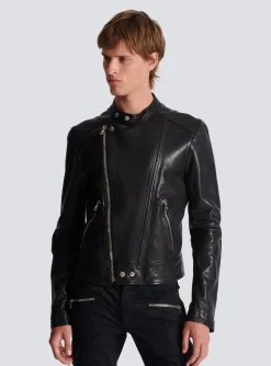 Zipped Leather Biker Jacket-Balmain Cheap