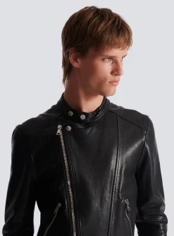 Zipped Leather Biker Jacket-Balmain Cheap